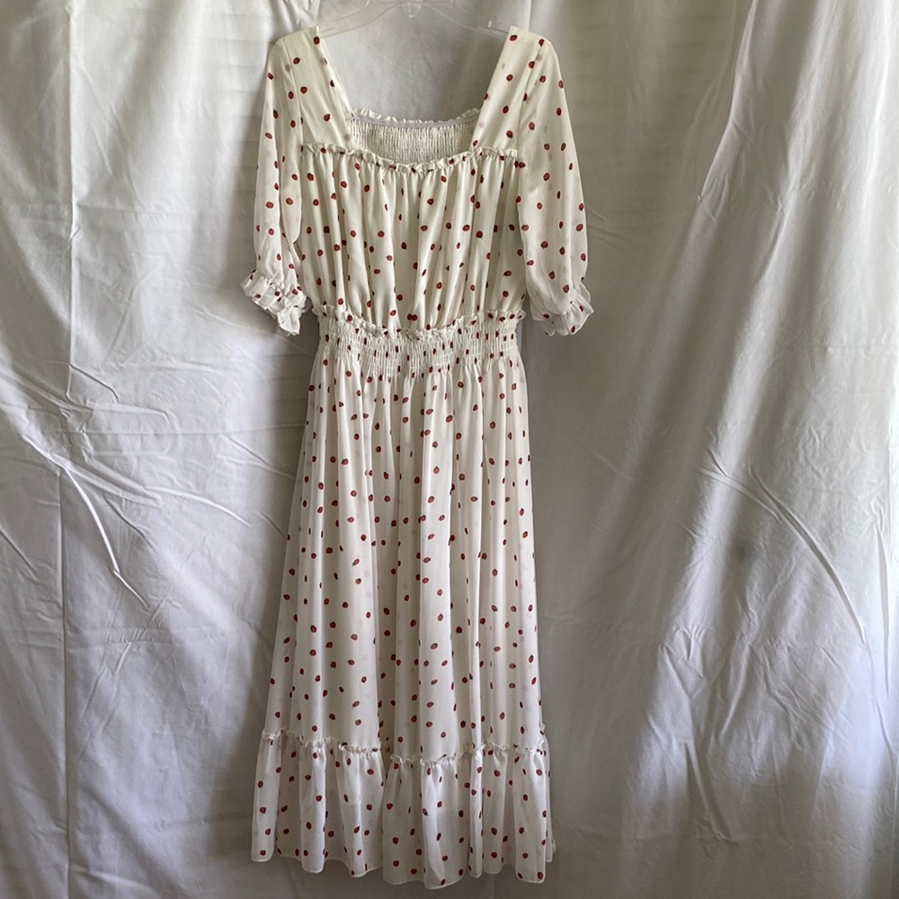 Voodoo Vixen midi white strawberry print dress with red belt, size extra small